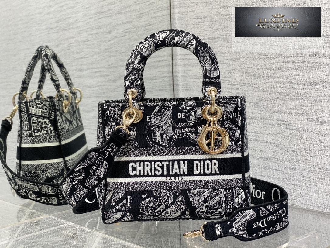 디올 블랙 화이트 Plan de Paris 레이디 D-LITE 미디엄 백 24*20*11CM