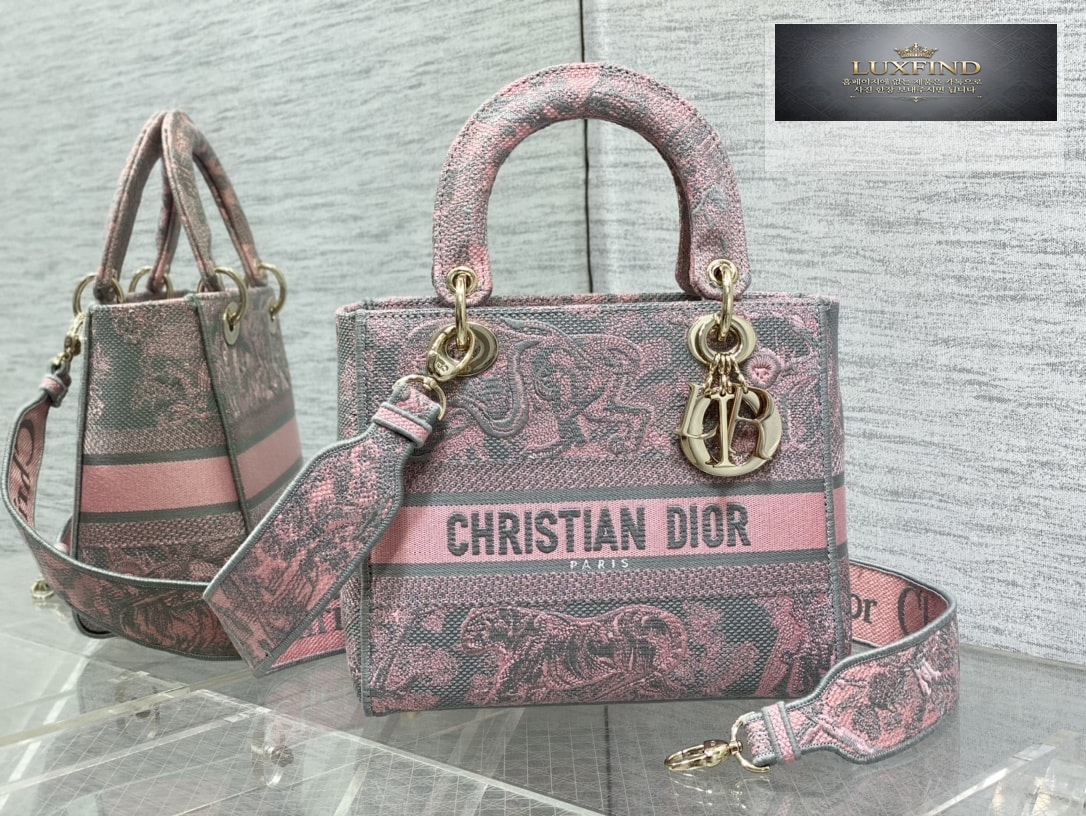 디올 그레이 핑크 멀티컬러 Toile de Jouy 레이디 D-LITE 미디엄 백 24*20*11CM